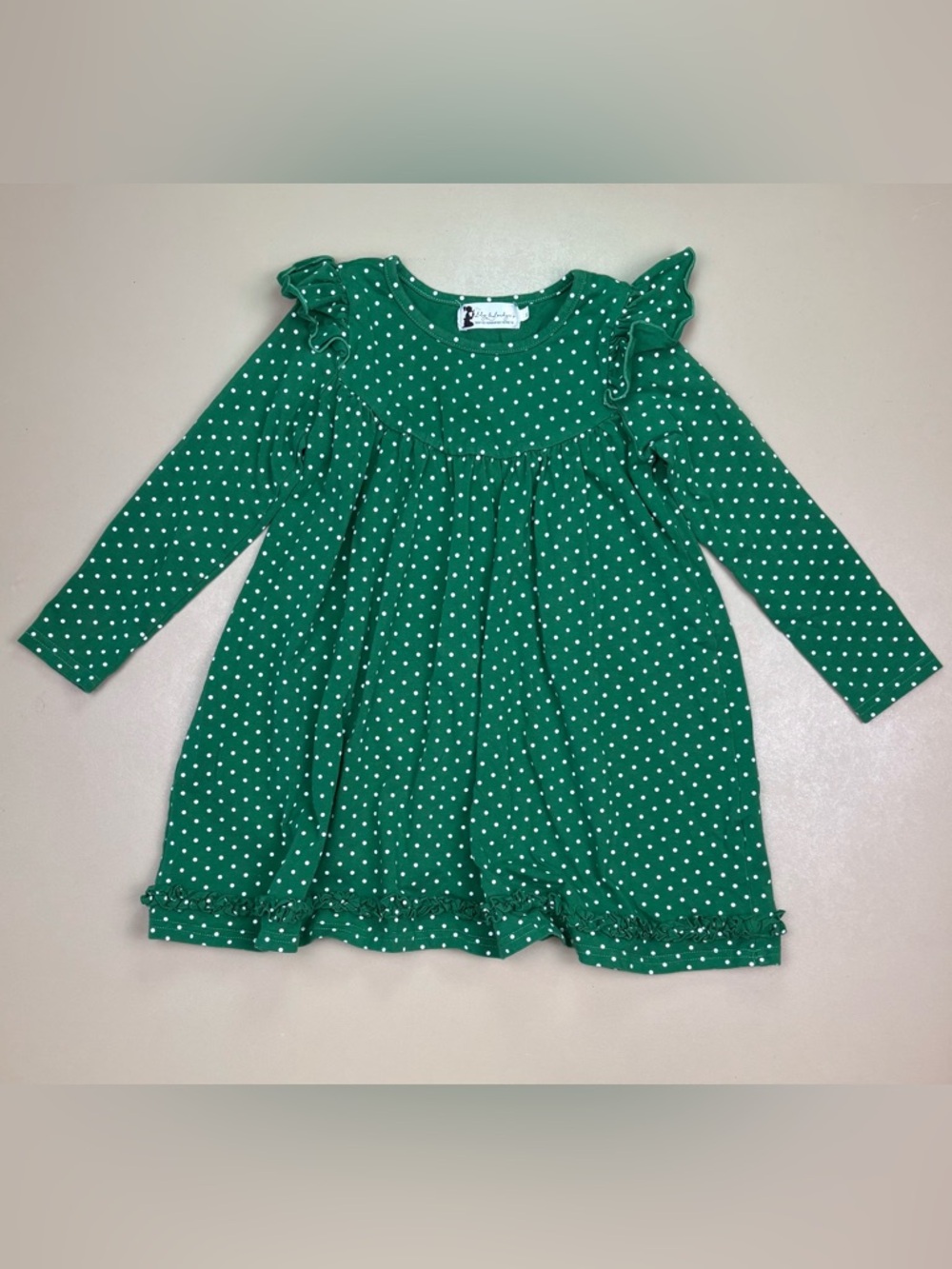 Girls Polka Dot Dress Green Long Sleeve Ruffle Lily & Londyns Size 5T